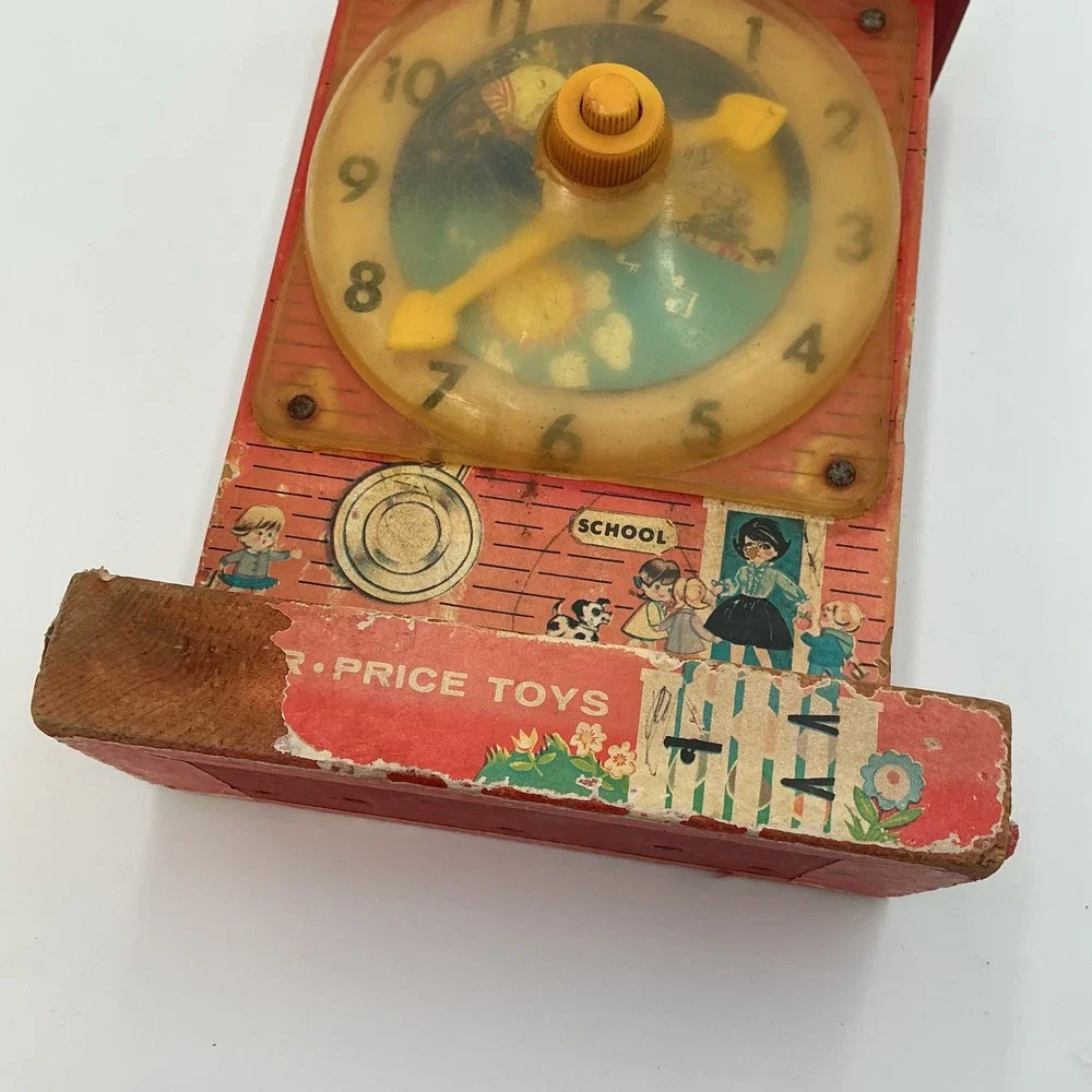 Vintage Fisher Price Music Box Teaching Clock Wood Wind Up Toy 1964 USA Works